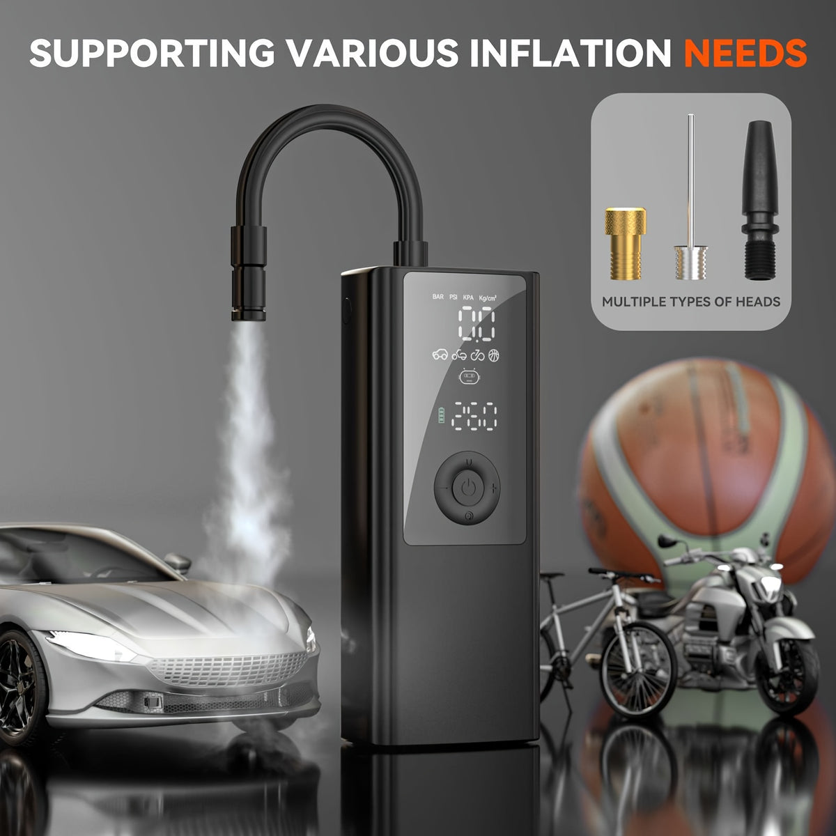 Portable Tire Inflation Pump - Wireless Electric Inflator, Equipped with Tire Pressure Gauge, LED Lighting, Inflation Nozzle with Multifunctional Adapter, Suitable for Cars, Motorcycles, Bicycles, Balls, Etc, Tire Pump And Jumper, Tire Air Compressor