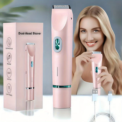 Bikini Trimmer for Women 2-in-1 Dual Head Electric Shaver - IP67 Waterproof Wet Dry Body Hair Remover for Bikini Area Underarms Legs Arms Face, USB Rechargeable Long Battery Life, Ergonomic Grip