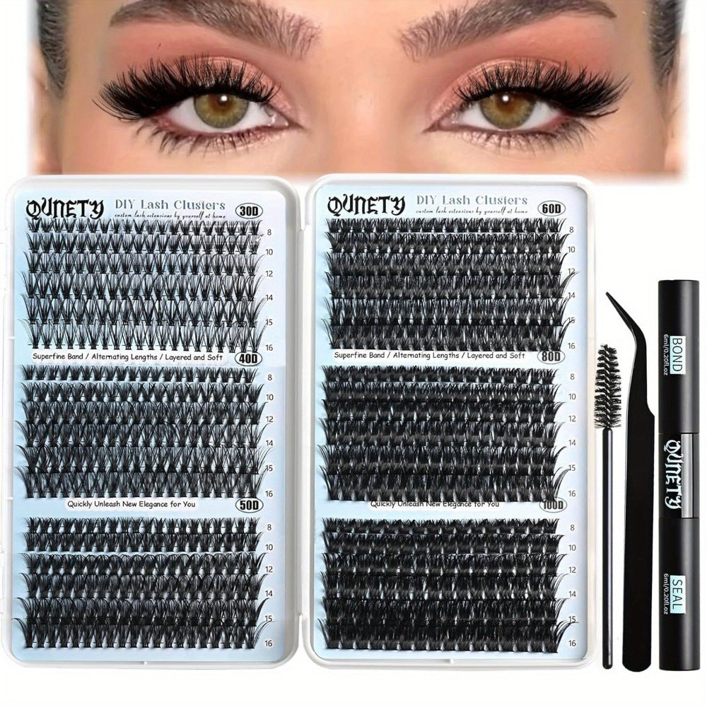 Complete 720-Piece Handmade Cluster Lash Kit with Glue & Tweezers — 30D to 100D, 6 Styles & Lengths, Lightweight No-Irritation Formula for Natural & Volume DIY Eyelash Extensions