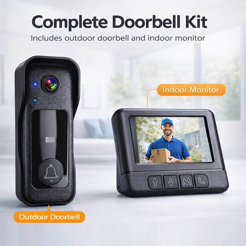 WiFi Video Doorbell with 4.3 Inch Indoor Monitor | Waterproof Night Vision Two-Way Audio Rechargeable Battery | Auto Photo Video Recording Senior Friendly Real-Time Monitoring