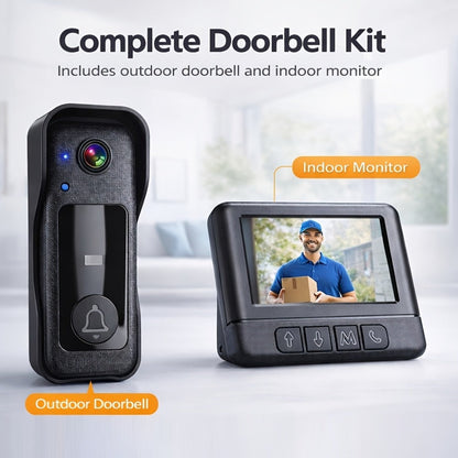 WiFi Video Doorbell with 4.3 Inch Indoor Monitor | Waterproof Night Vision Two-Way Audio Rechargeable Battery | Auto Photo Video Recording Senior Friendly Real-Time Monitoring
