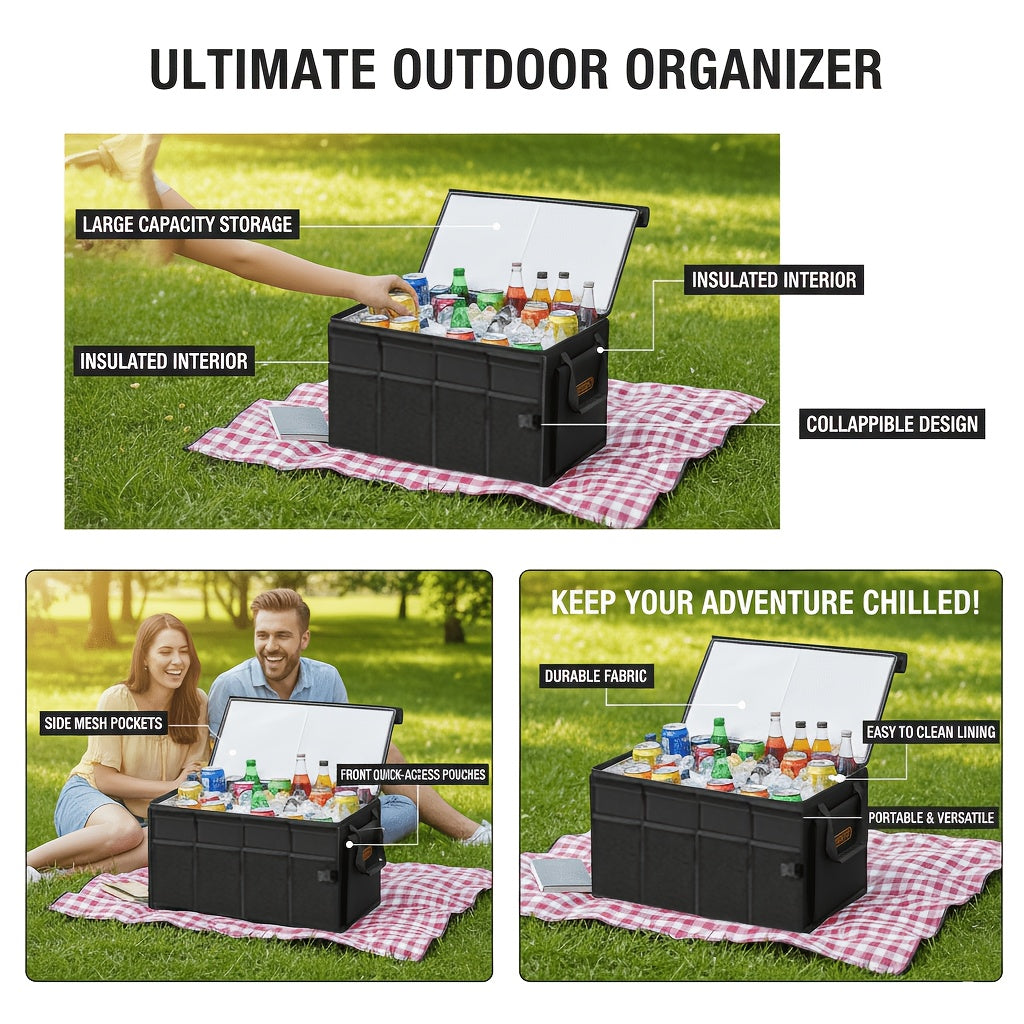 PROTEX Multifunctional Car Trunk Ice Pack (70 Liters) - Foldable with Lid, Cold And Heat Insulation, Large Capacity Organizer - Black Gray