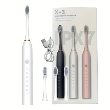 Sonic Electric Toothbrush with 6 Modes & Smart Timer – USB Rechargeable, Soft Bristles for Sensitive Gums, Whitening Oral Care for Men & Women, Black White Pink