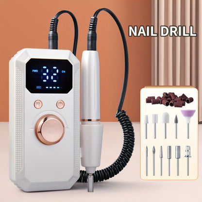 Electric Nail Drill Rechargeable 11 Grinding Heads & 20 Sanding Rings High-Speed Nail Grinder Machine for Acrylic Gel Natural Nails - Home Salon Manicure Pedicure Tool, Grey Rose Gold White