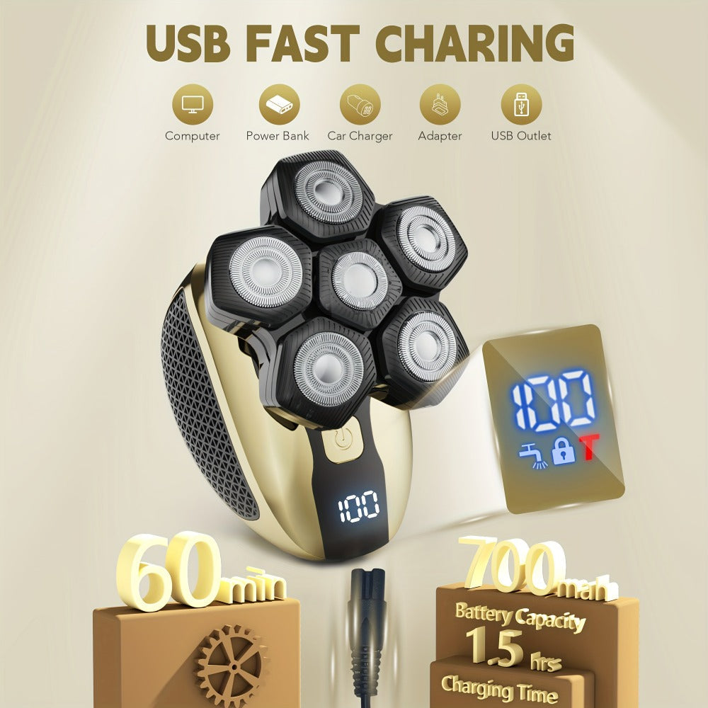Electric Head Shaver for Bald Men 7D 7 Floating Heads — All-in-One Grooming Kit with Nose Hair Trimmer & Facial Cleaning Brush, 1.5H Fast Charging, Travel Lock, Rechargeable Men's Razor Gift Set (Blue/Black/Gold/Coffee)