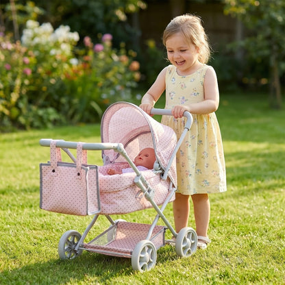 3-in-1 Baby Doll Stroller Set Pink Foldable Pram with Bassinet & Carry Bag for 14-24 Inch Dolls Swivel Wheels Adjustable Handle Nursery Role Play Gift for Girls Ages 3-12 (No Doll)