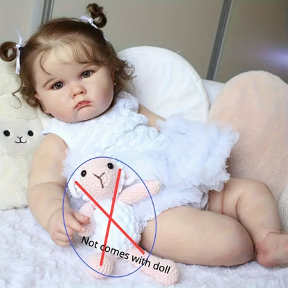 3D Painted Skin Reborn Baby Doll 24 Inch 60CM Cloth Body Vinyl Limbs – Hand-Rooted Hair, Acrylic Eyes, Lifelike Newborn Girl Gift Set with Outfit Pacifier Bottle Ear Studs for Kids Ages 3+ & Collectors