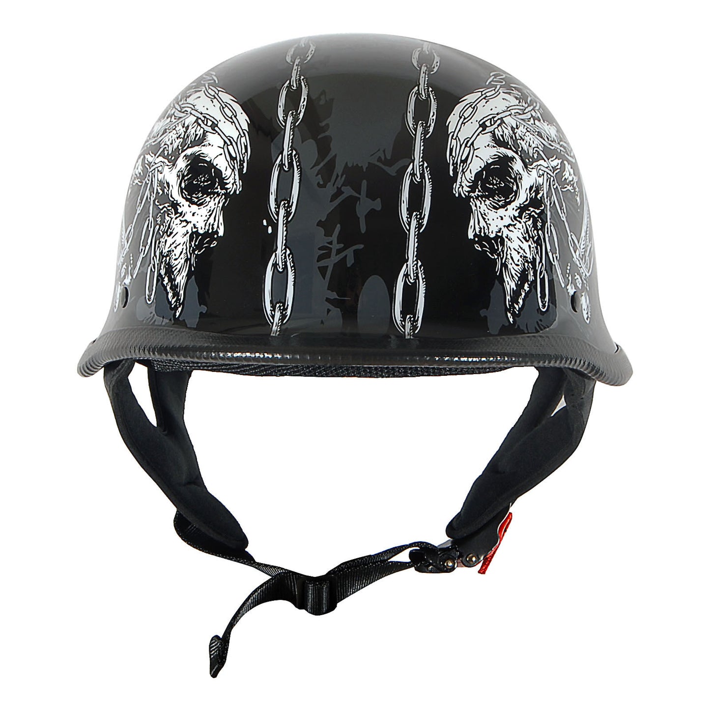 German Style Motorcycle Half Face Helmet – Novelty Skull & Carbon Fiber Design, UV Glossy Finish, Removable Washable Padding, Quick Release Buckle, Adult M/L/XL