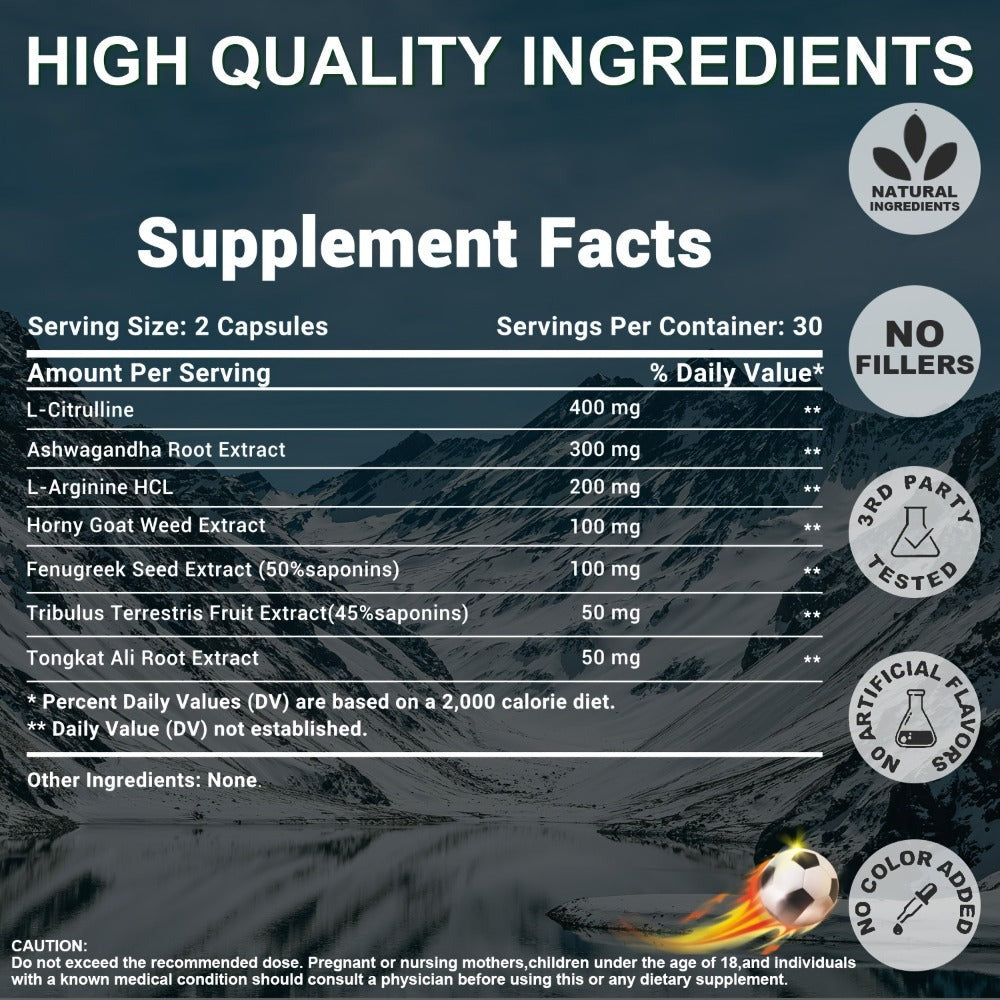 Male Testosterone Support Capsules with Maca Root, Epimedium, L-Citrulline & Ashwagandha — Men's Vitality, Strength, Stamina & Energy Supplement | Natural Performance Formula for Men Over 40 | 1 or 3 Pack