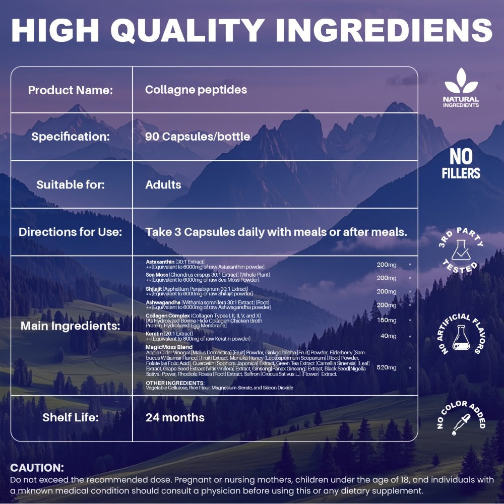 Collagen Capsules Type I II III V X with Vitamin C, Hyaluronic Acid & Biotin — Skin Hydration, Elasticity, Hair & Nail Growth Supplement | Anti-Aging Beauty Formula for Women & Men | 3rd Party Tested | 90 Capsules | 1 or 2 Bottle