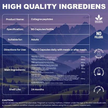 Collagen Capsules Type I II III V X with Vitamin C, Hyaluronic Acid & Biotin — Skin Hydration, Elasticity, Hair & Nail Growth Supplement | Anti-Aging Beauty Formula for Women & Men | 3rd Party Tested | 90 Capsules | 1 or 2 Bottle