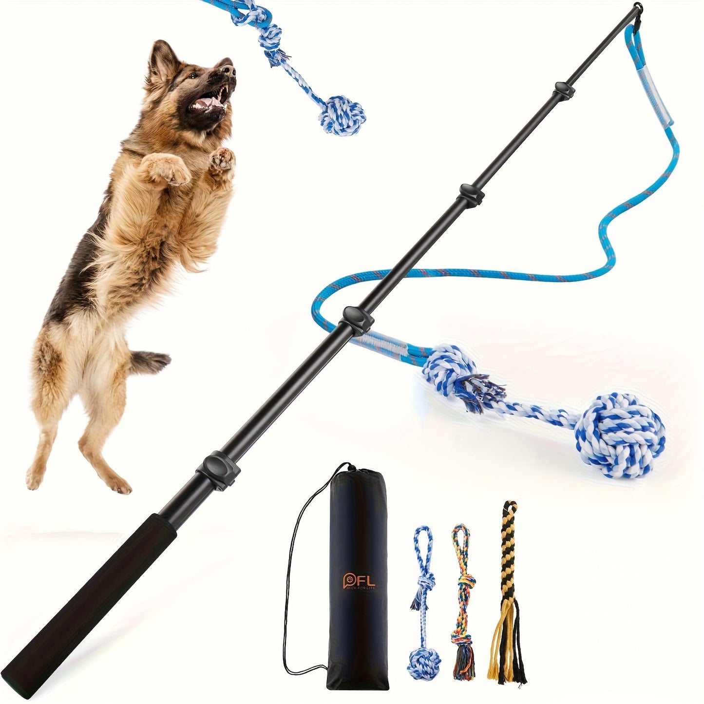 Dog Flirt Pole Telescopic - Extendable Flirt Stick with 3 Detachable Toys & Nylon Rope, Aluminum Alloy Dog Chase Toy for Small Medium Large Dogs, Agility Training Exercise & Interactive Play Tool