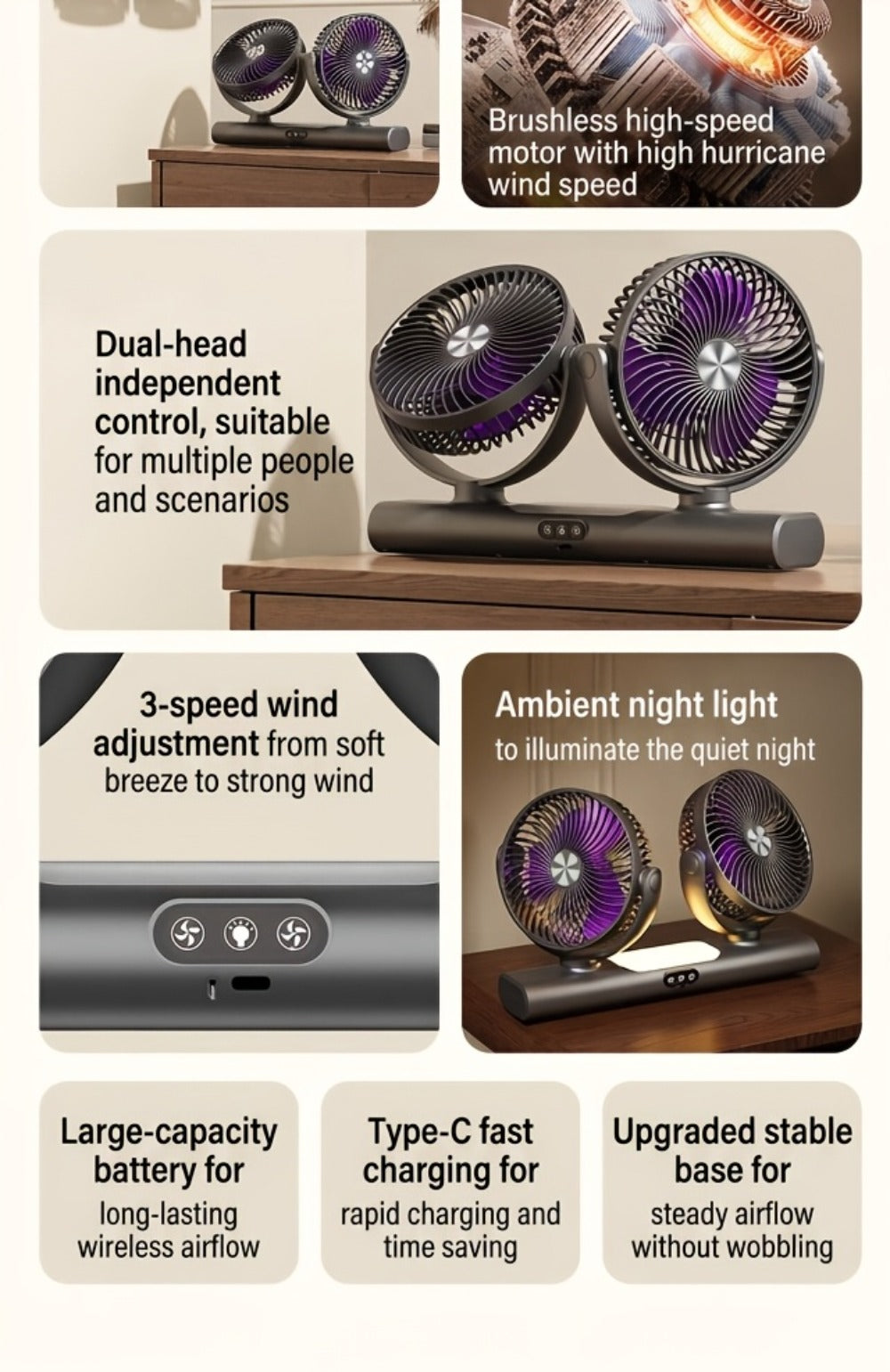 Double Head Air Circulation Fan USB Rechargeable | Desktop & Wall-Mounted 3-Speed Dual-Head Fan with Atmosphere Night Light, Multi-Angle Airflow for Camping, Home & Office – Grey & White
