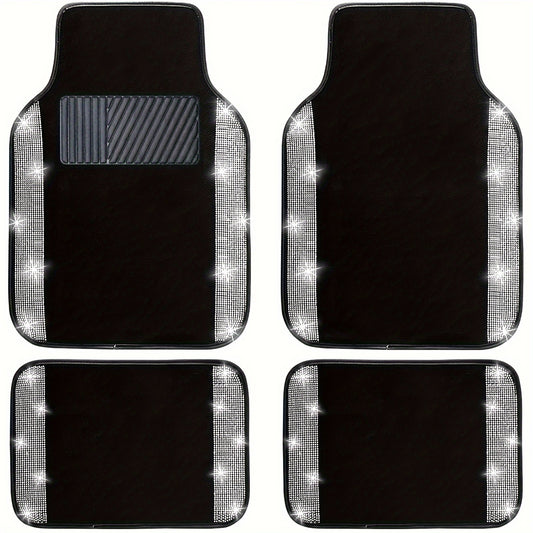 Bling Car Floor Mats Full Set, Universal Fit Most Cars, SUV, Trucks, 4pcs Sparkle Glitter Artificial Diamond Carpet for Women Girls with Anti-Slip Pad