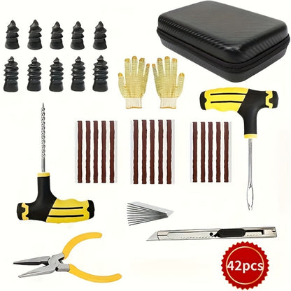 Tire Repair Kit 42pcs – Car Tubeless Tire Plug Kit with Emergency Tools, Patches & Sealant for Quick Flat Tire Fix on Cars Trucks SUVs Motorcycles, Easy DIY Roadside Repair