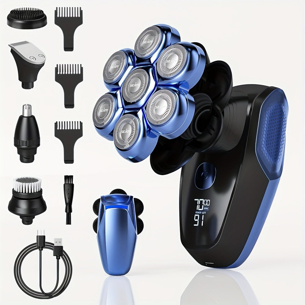 7D Head Shaver Bald Men 5-in-1 Waterproof Wet Dry Electric Razor – Type-C Rechargeable 6500-7500RPM Rotary Grooming Kit with Nose Hair Trimmer for Home & Travel, Perfect Gift for Men