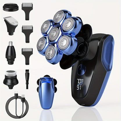 7D Head Shaver Bald Men 5-in-1 Waterproof Wet Dry Electric Razor – Type-C Rechargeable 6500-7500RPM Rotary Grooming Kit with Nose Hair Trimmer for Home & Travel, Perfect Gift for Men