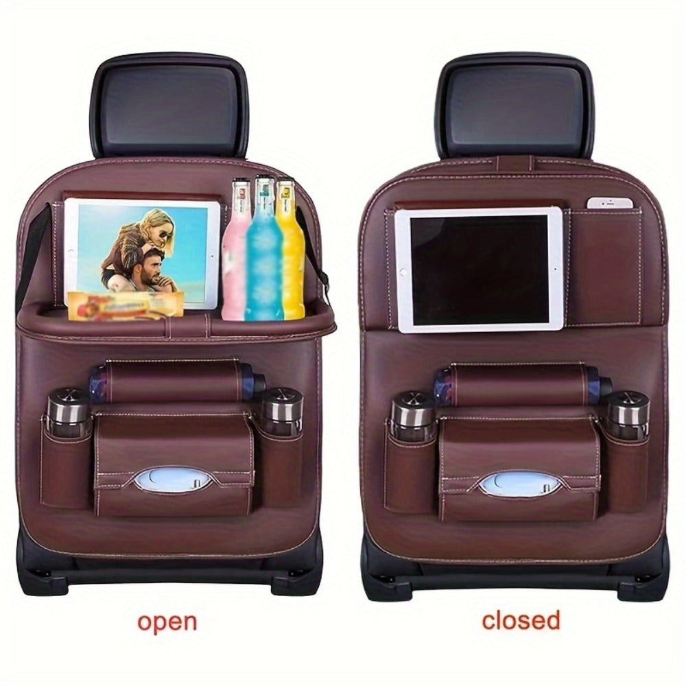 Back Seat Organizer with Foldable Table Tray 2pcs – Kick Mats, Cup Holder, Tissue Box, Umbrella Holder & Laptop Tray – All-in-One Car Rear Seat Storage