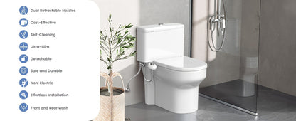 Ultra-Slim Non-Electric Bidet Attachment for Toilet, Self-Cleaning Dual Retractable Nozzles, Adjustable Water Pressure, Fresh Water Sprayer, US Standard, Easy Install