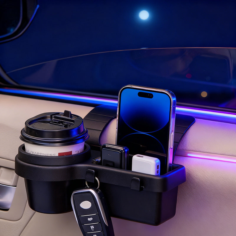 A Multifunctional Car Storage Box Featuring Cup Holders, a Beverage Rack, a Side Door Window Phone Slot, And a Hanging Storage Shelf - Made of Durable ABS Material, Easy to Install, And Designed to Save Space