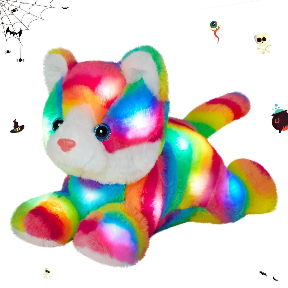 Glowing Rainbow Cat Stuffed Animal Plush Toy — Colorful LED Light Up Musical Soft Plush Kitten Doll for Kids Girls Boys | Birthday Christmas New Year Party Gift | Room & Party Decor