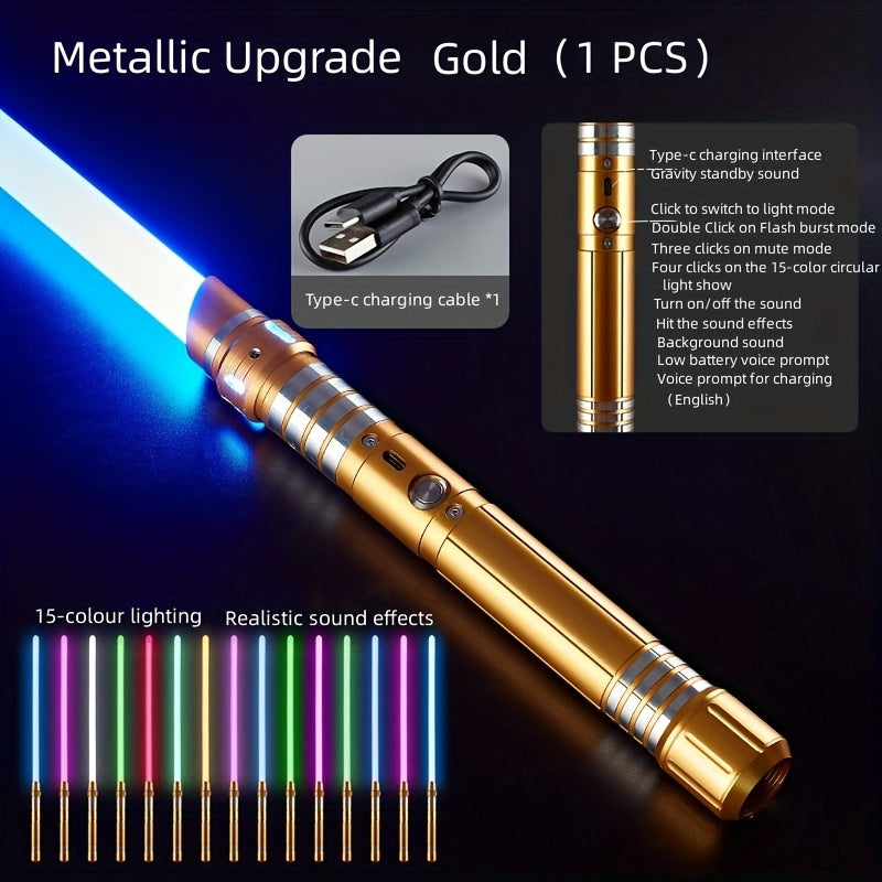 Light Up Saber 15 Colors 2-in-1 Metal Gravity Sensing – Rechargeable Glow Sword with Upgraded LED | Party Glow Sword for Halloween Costume, Christmas Gift for Kids & Adults | Black & Gold