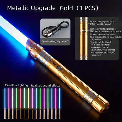 Light Up Saber 15 Colors 2-in-1 Metal Gravity Sensing – Rechargeable Glow Sword with Upgraded LED | Party Glow Sword for Halloween Costume, Christmas Gift for Kids & Adults | Black & Gold