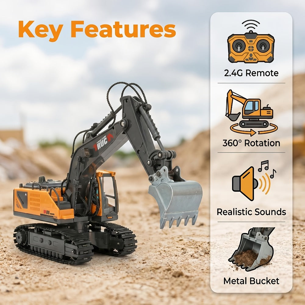 RC Excavator Toy for Kids Track Type 2.4GHz – 1200mAh Rechargeable Remote Control Construction Truck with Metal Shovel & LED Light, STEM Gift for Boys Ages 6 7 8 9 10 11 12 Birthday Christmas (Metal/Plastic/Mini)
