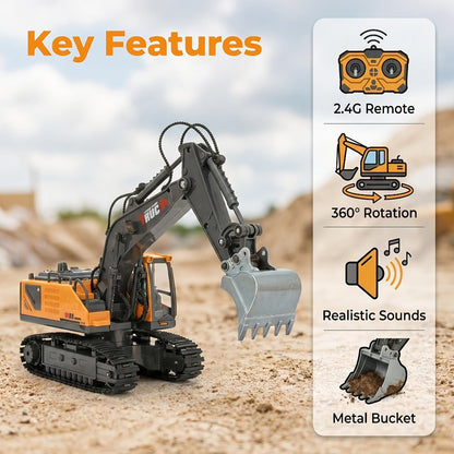 RC Excavator Toy for Kids Track Type 2.4GHz – 1200mAh Rechargeable Remote Control Construction Truck with Metal Shovel & LED Light, STEM Gift for Boys Ages 6 7 8 9 10 11 12 Birthday Christmas (Metal/Plastic/Mini)
