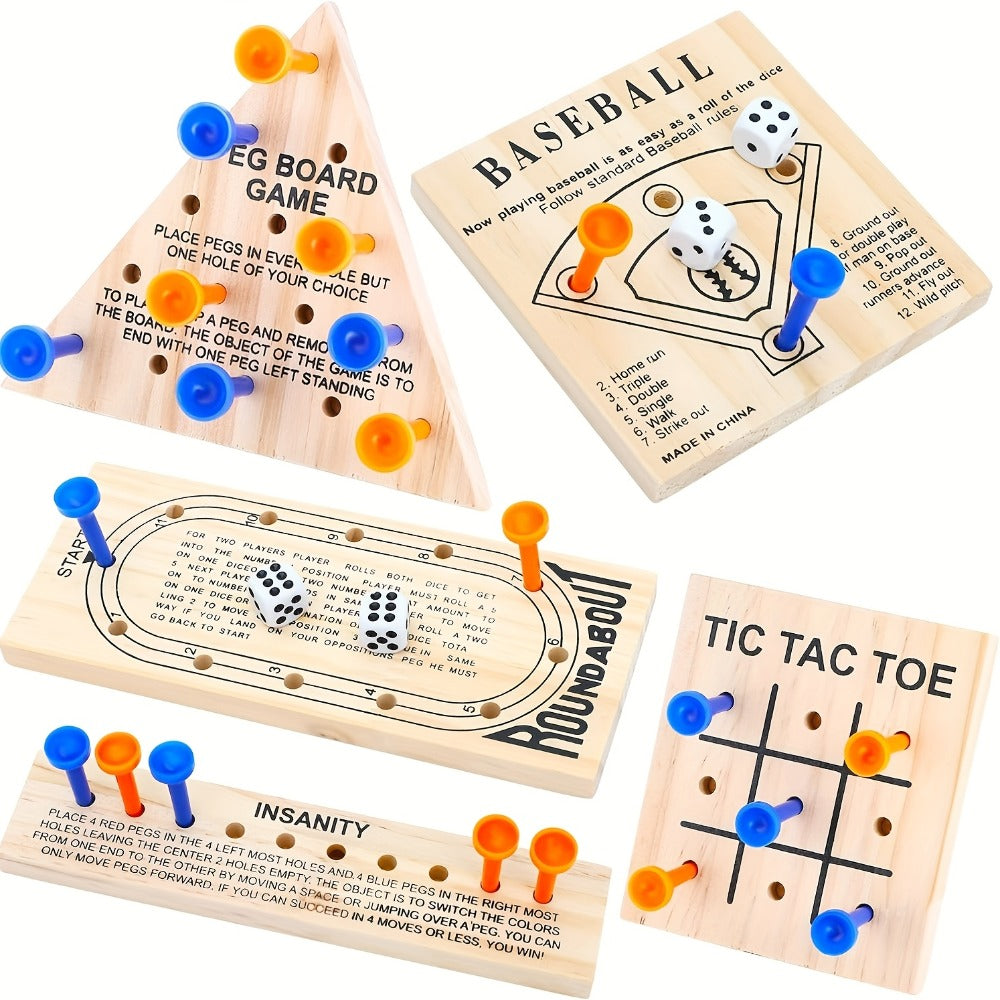Wooden Board Game Set 5-in-1 – Luban Lock Puzzle Brain Games with Peg Board, Dice & Plastic Pieces, Classic Family Strategy Games Kit for Kids Adults, Educational STEM Toy Gift