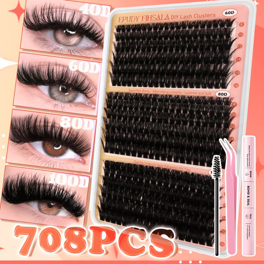708Pcs Mixed Density Lash Clusters Kit 8-16mm 30D-100D Mega Volume with Glue Tweezers & Brush – Soft Reusable DIY Cluster Lashes for Natural to Dramatic Salon-Style Eye Makeup at Home