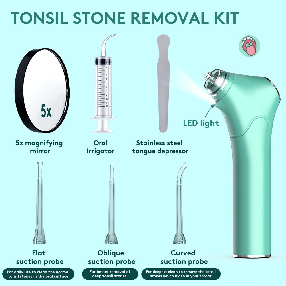 Tonsil Stone Remover Electric Vacuum Kit – Built-In LED Light, 3 Suction Modes & 5X Magnifying Mirror, Oral Irrigator for Safe Effective Tonsil Stone Removal at Home