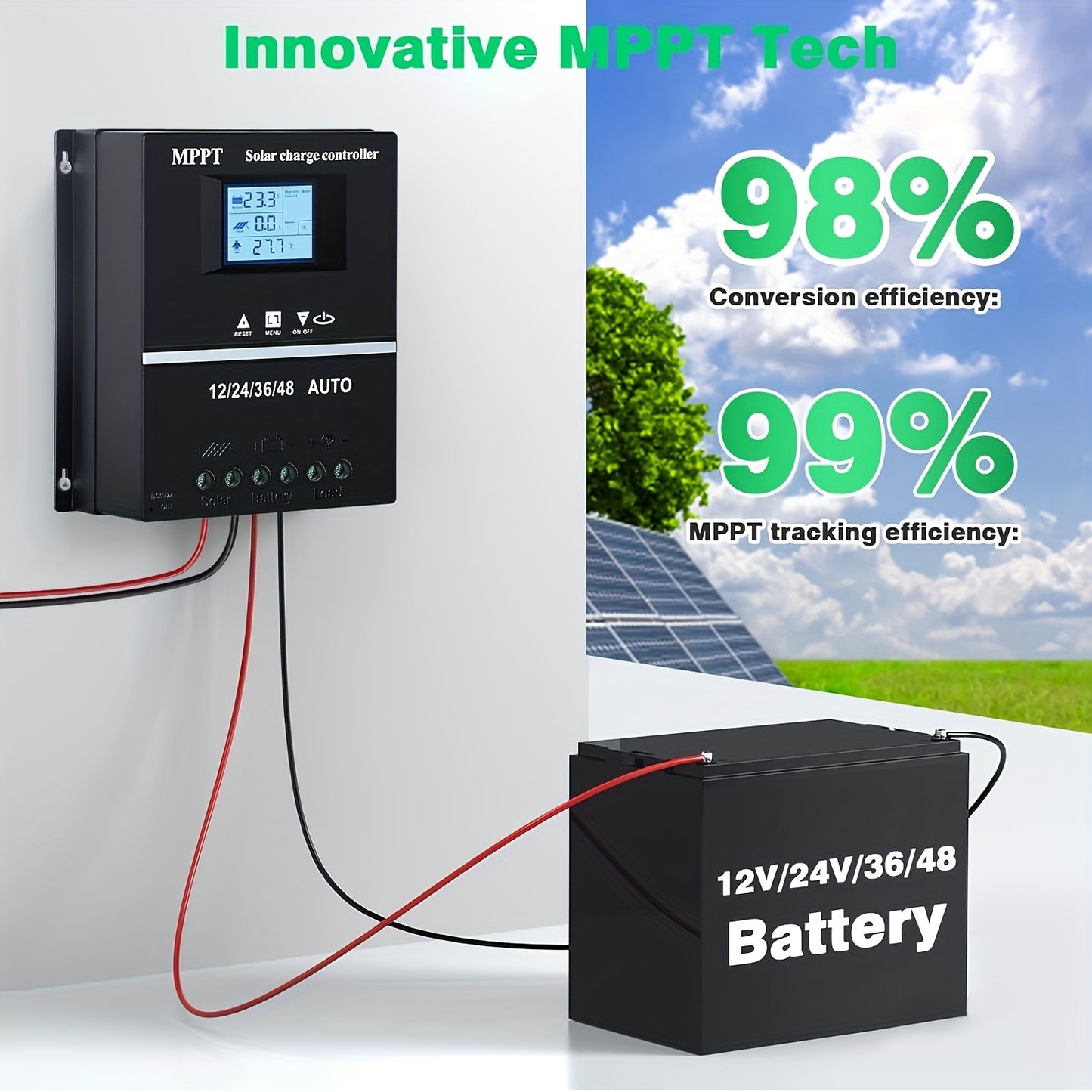100A MPPT Solar Charge Controller with LCD Display, Auto Tracking, Compatible with Lead-Acid Batteries, Ternary Lithium Batteries, Lithium Iron Phosphate Batteries, Suitable for Off-Grid Solar Systems, Rvs, Ships, Without Battery