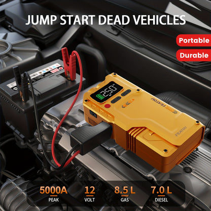 Jump Starter with Air Compressor 5000A/7000A Peak – 150PSI Digital Tire Inflator, Portable Battery Pack for 10L Gas & Diesel, Quick Charge USB & LED Emergency Light