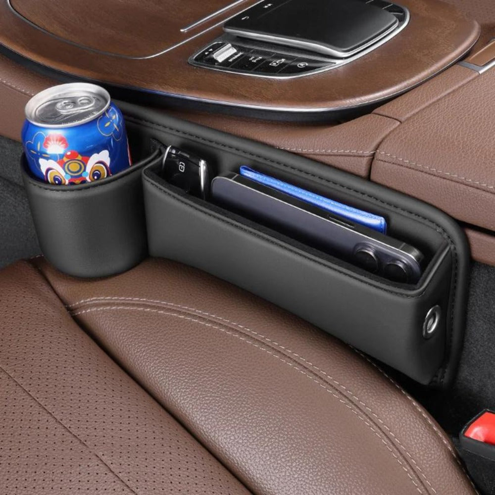 Car Seat Gap Organizer PU Leather – Side Filler Storage Box with Phone, Card, Key & Cup Holder, Non-Slip, Universal Fit, Front Seat Gap Pocket, 1pc or 2pc Set