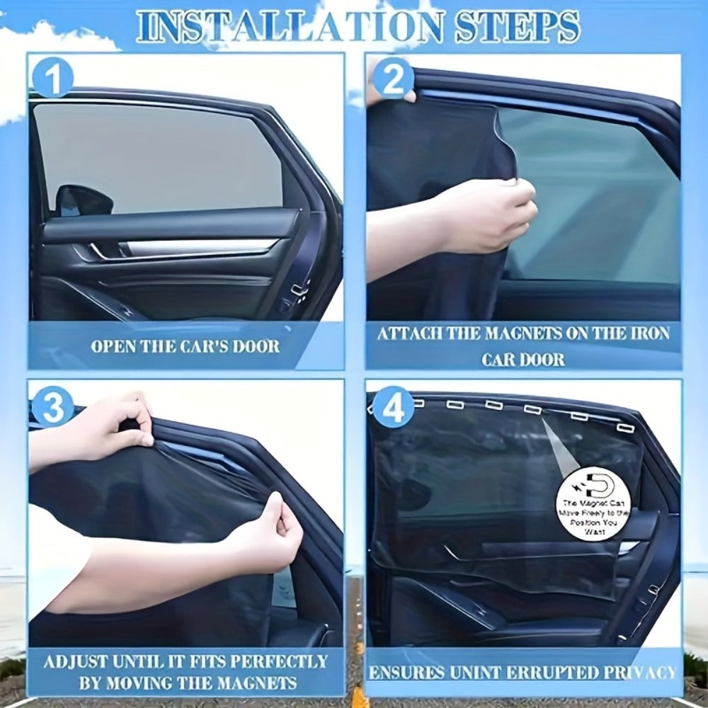 Car Sunshade Magnetic 4-Piece Set with 8 Magnets | Black Mesh UV Protection Window Blocker, Privacy Screen, Easy Install, Summer Sun Shield for Side & Rear Windows