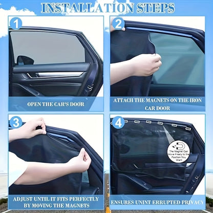 Car Sunshade Magnetic 4-Piece Set with 8 Magnets | Black Mesh UV Protection Window Blocker, Privacy Screen, Easy Install, Summer Sun Shield for Side & Rear Windows