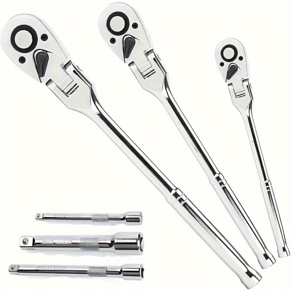 6-Piece Ratchet Wrench Set 1/4" 3/8" 1/2" Drive – Rotating Head Ratchet with Extension Bar, Chrome-Plated Stainless Steel, EVA Foam Storage Case | No Battery Required