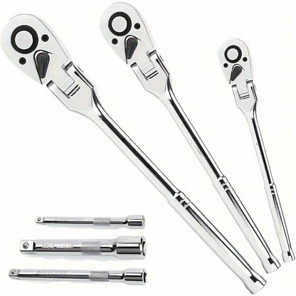 6-Piece Ratchet Wrench Set 1/4" 3/8" 1/2" Drive – Rotating Head Ratchet with Extension Bar, Chrome-Plated Stainless Steel, EVA Foam Storage Case | No Battery Required