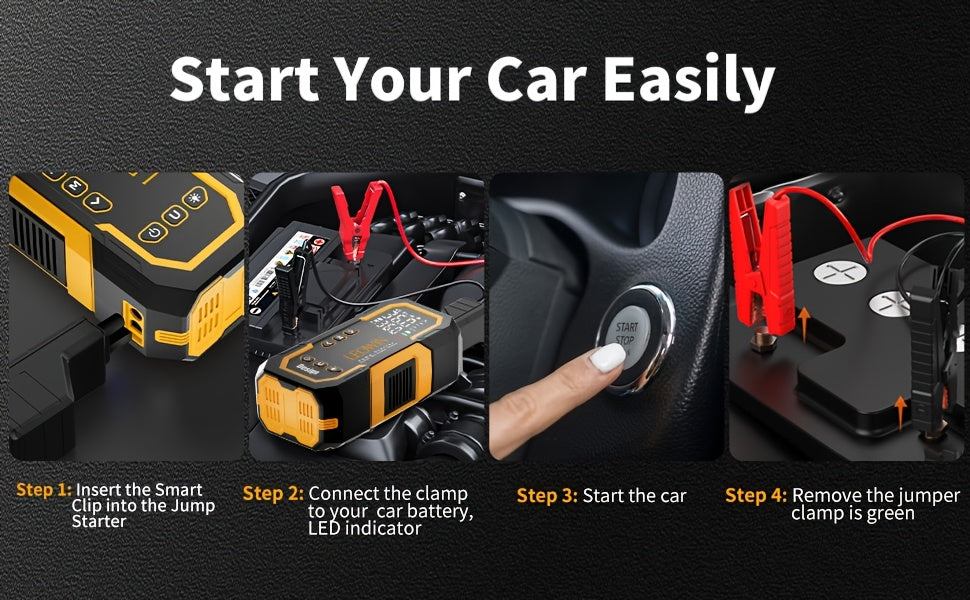 Portable Car Battery Jump Starter with Air Compressor, 12V Battery Booster Pack (9.0 Gas/1.72gal Diesel) with 150PSI Auto-Shutoff Tire Inflator, Jump Box with Smart Clamps, Jumper Cables, USB Input/output, LED Emergency, Car Accessories Tools