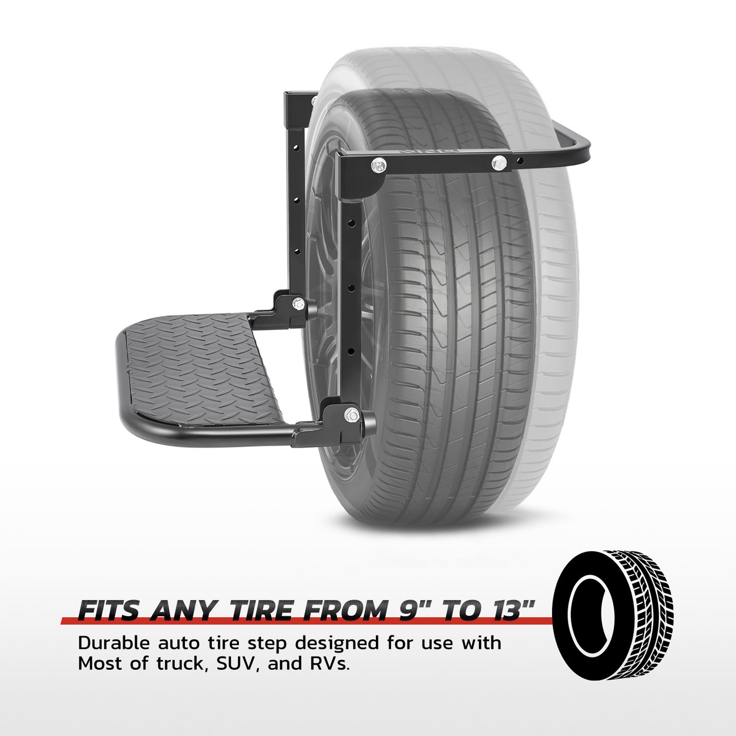 Folding Tire Step Adjustable Mounted Step for Car Pickup Truck SUV RVs, Heavy Duty, Fit Most Tire From 9'' to 13'', Max Capacity 330 lbs