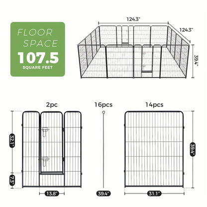Metal Dog Playpen with Door DIY 8 or 16 Panel Foldable Pet Pen for Small Medium Large Dogs Puppies Easy Assemble Indoor Outdoor Use 24 32 40 Inch Height