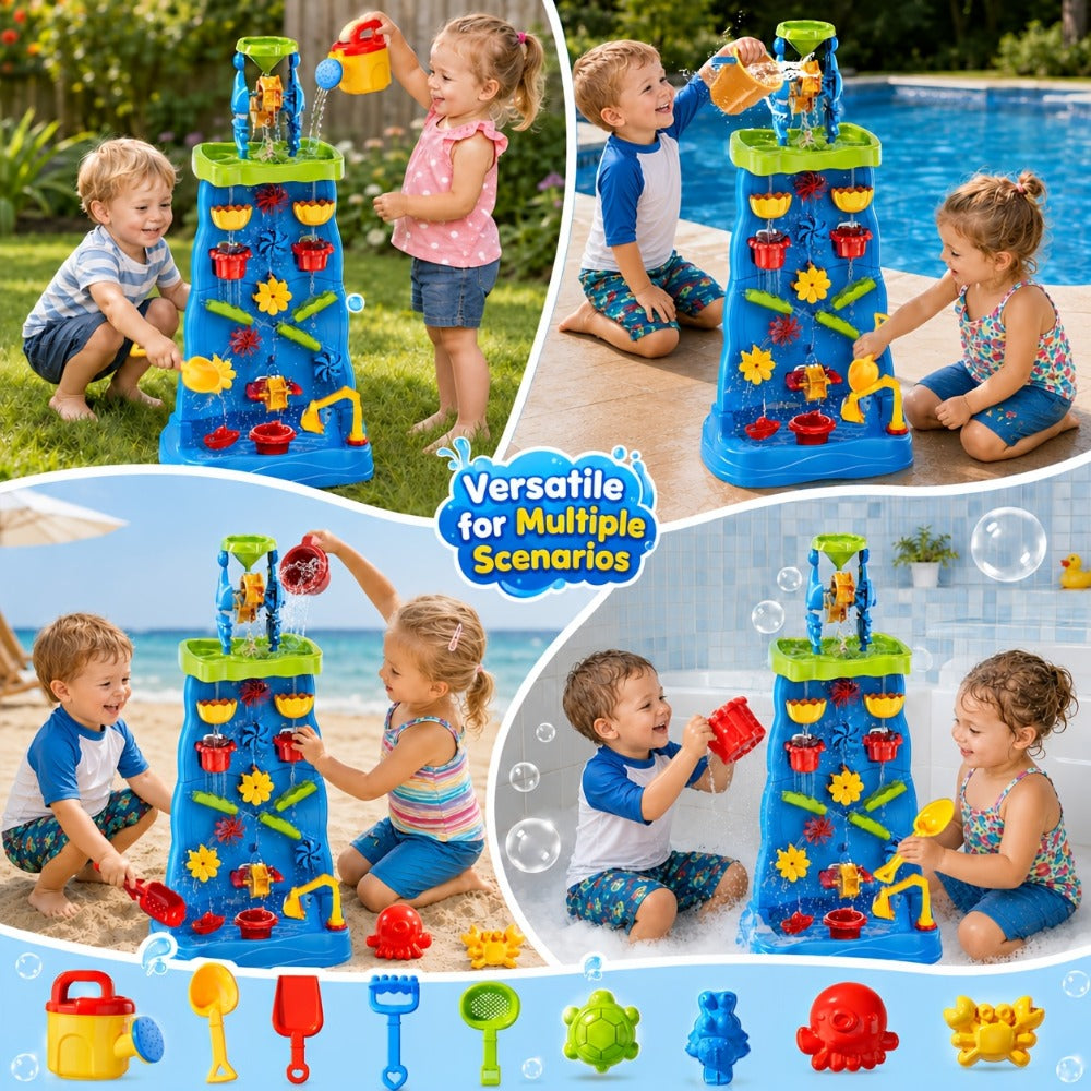 Water Play Table for Kids Double-Sided Waterfall & Beach Sand Zone – Outdoor Sensory Activity Toy for Toddlers Ages 3+, Beach Tools Included, Backyard Summer STEM Gift for Boys & Girls