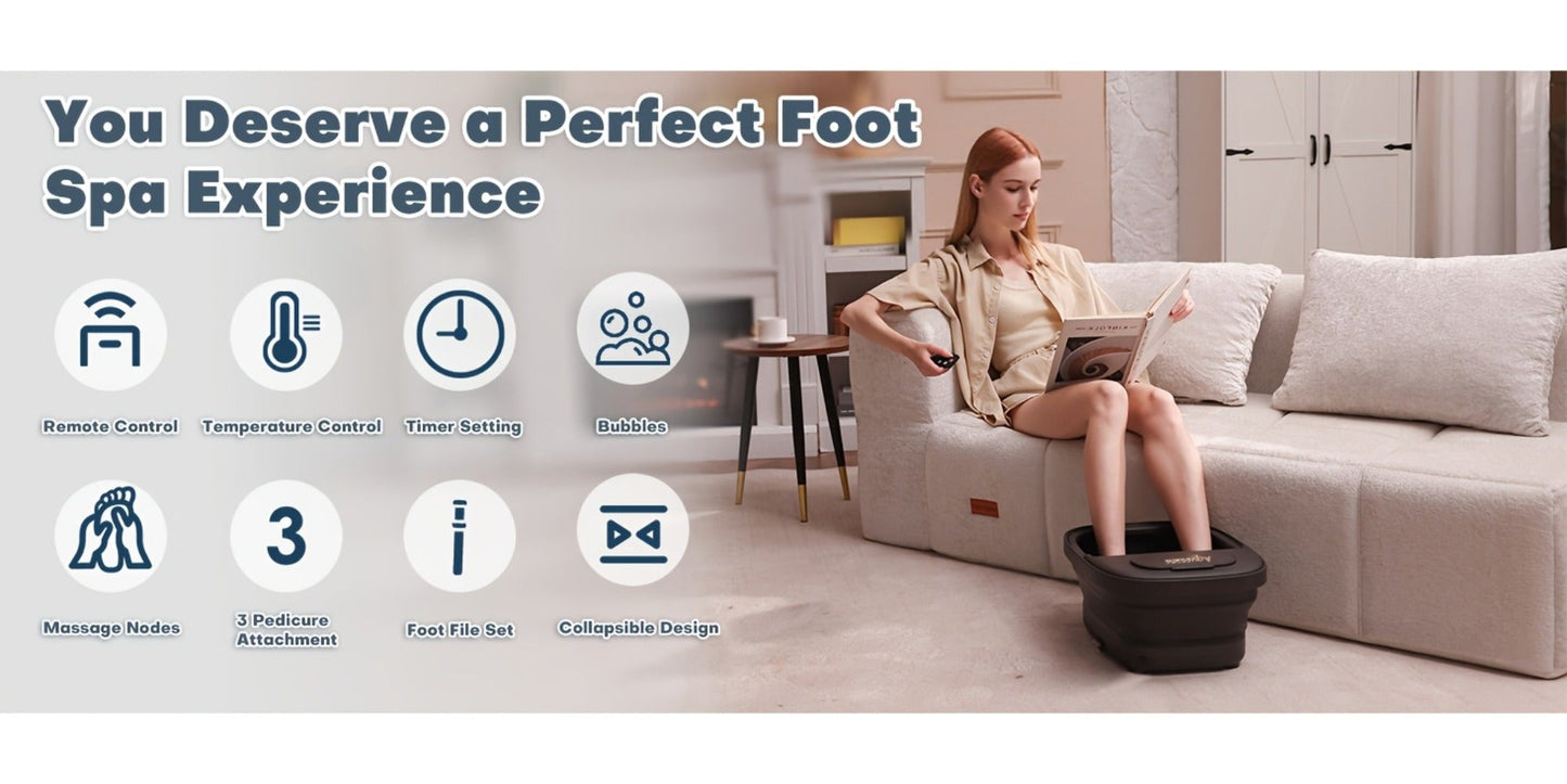 Collapsible Foot Spa Bath with Heat Bubble Massager & Remote Temperature Control - 3 Pedicure Attachments Foldable Foot Soak Tub with Handle for Home Relaxation Pedicure, Gift for Women, Rose Red