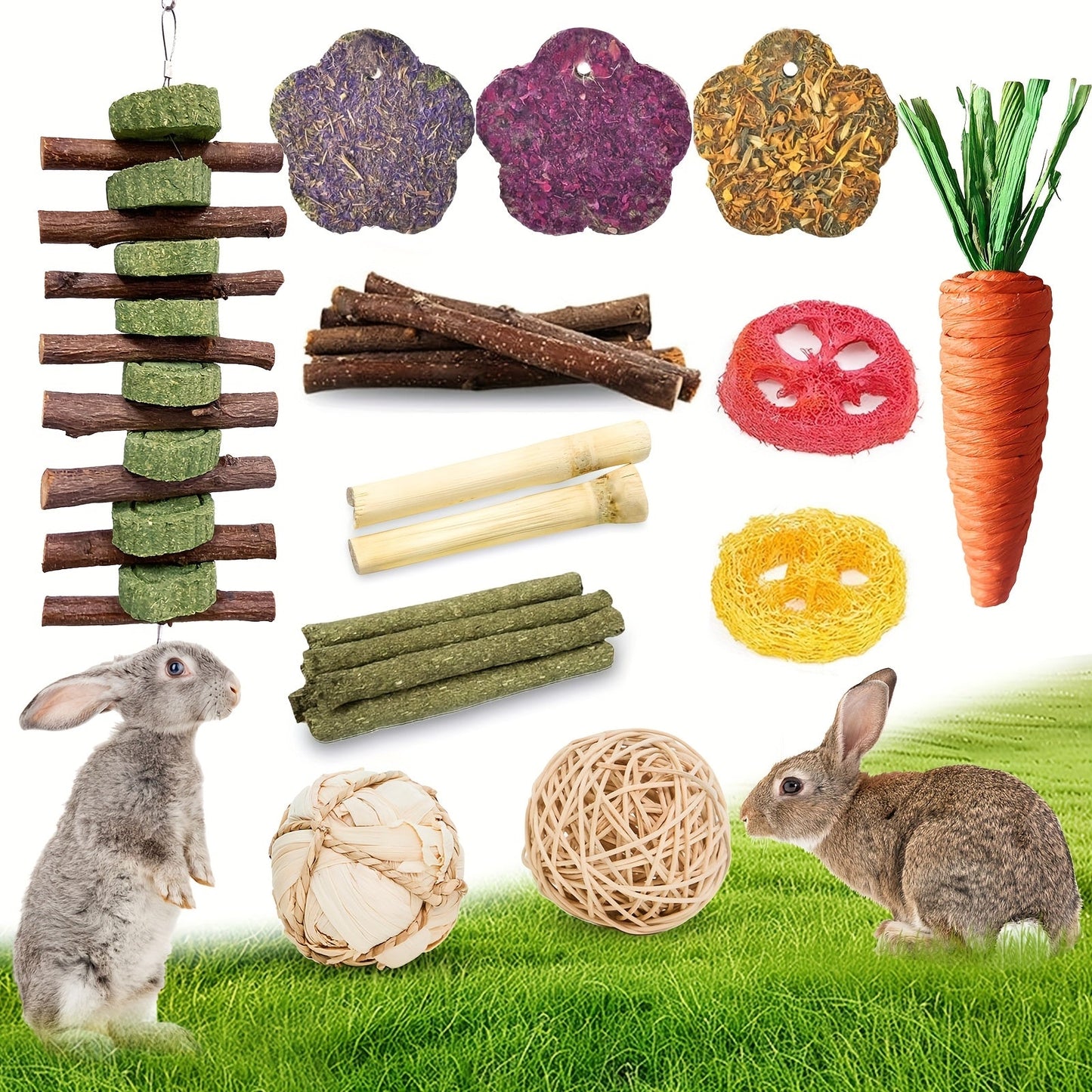 Small Animal Dental Treats 21pcs – Natural Timothy Hay Variety Set with Hay Sticks, Timothy Cakes & Carrot Strawberry Treats for Rabbits, Guinea Pigs & Hamsters – Teeth Care Forage Snacks
