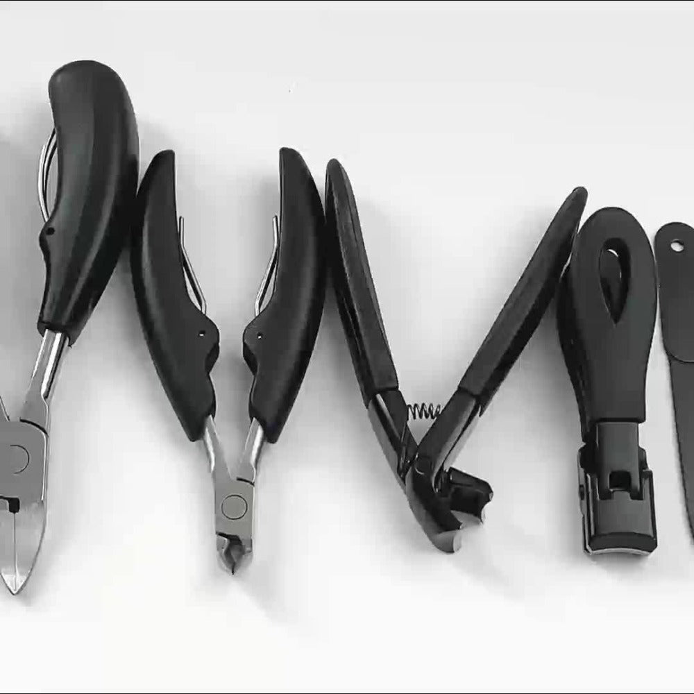 Heavy Duty Toenail Clipper Set 7pcs for Seniors Angled Curved Stainless Steel Blades Splash Guard Long Handle Nail File Pedicure Tool Kit Thick Nails
