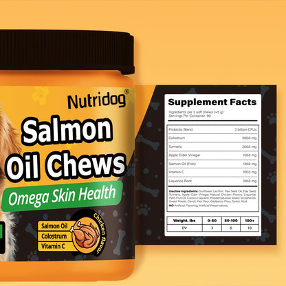 Dog Probiotic Chews with Salmon Oil – 90 Soft Chews for Coat & Gut Health | Chicken Flavor Nutritional Supplement for Dogs of All Ages, Sensitive Digestion & Immune Support