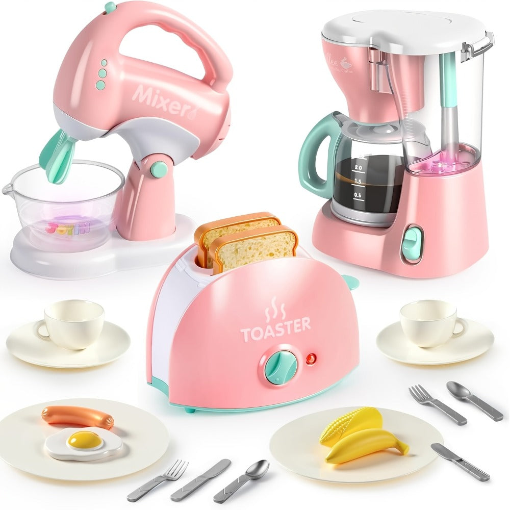Kids Play Kitchen Toy Set with Realistic Coffee Maker, Toaster & Blender – 26PCS Pretend Play Kitchen Appliances for Toddlers Ages 3+, Role Play Cooking Toys, Birthday Christmas Gift for Girls Boys