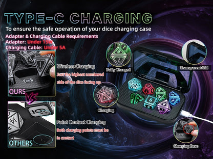 Glowing DnD Dice Set with Wireless Rechargeable Charging Case – 7-Piece LED Light Up Polyhedral Dice D4 D6 D8 D10 D12 D20 for Dungeons & Dragons, Pathfinder & Tabletop RPG, 6-Hour Battery, Mixed Blue Purple, Unique Gamer Gift