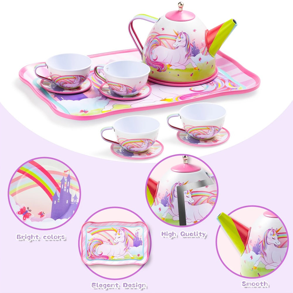 Unicorn Tea Party Set for Girls – Pretend Play Pink Tin Teapot with Cups, Plates & Carrying Case, Magical Rainbow Design, Birthday Christmas Gift for Kids Ages 3+